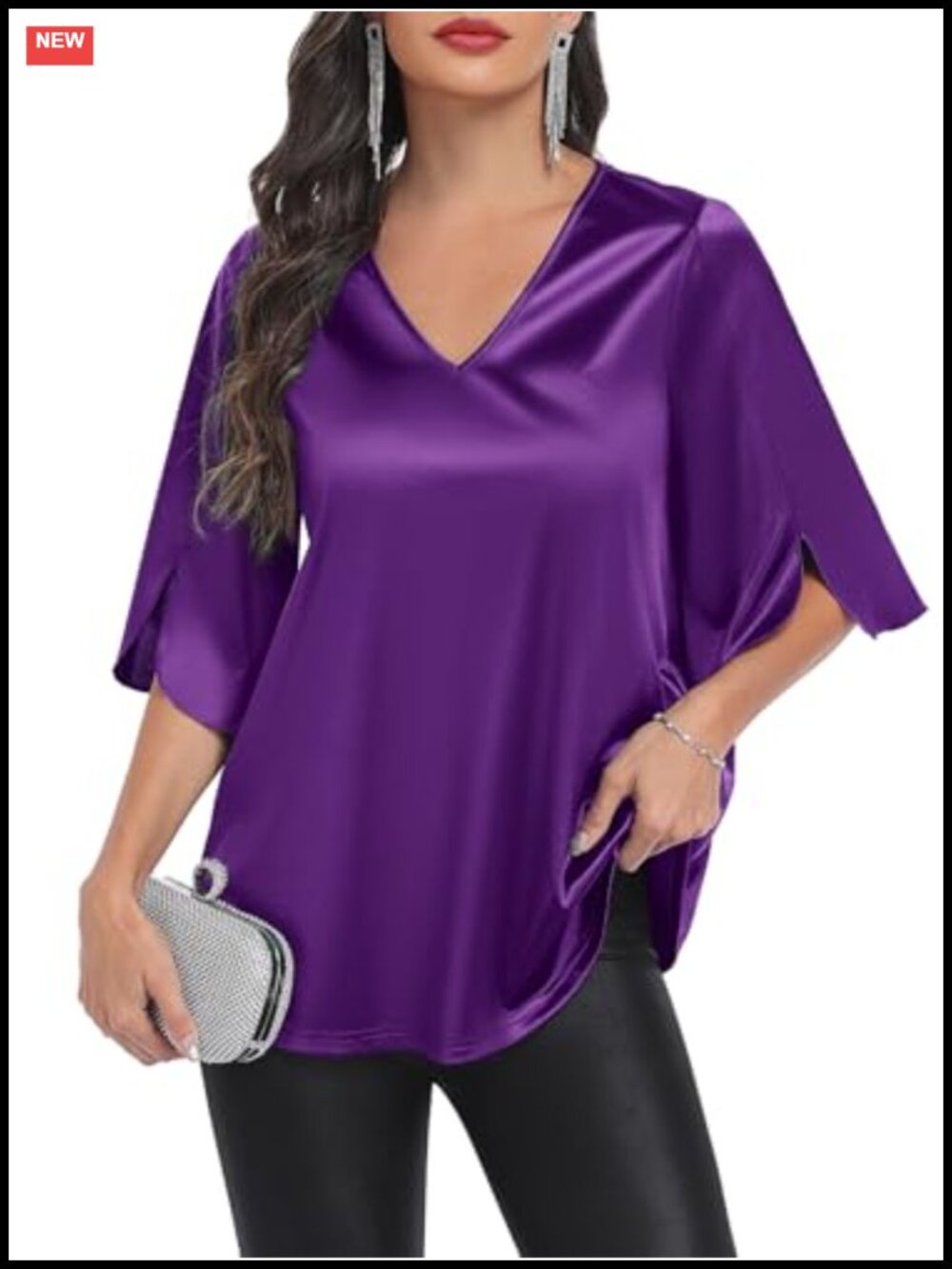 Stretch Satin Blouse V Neck 3/4 Sleeve A-Line Dressy Work Wedding Top